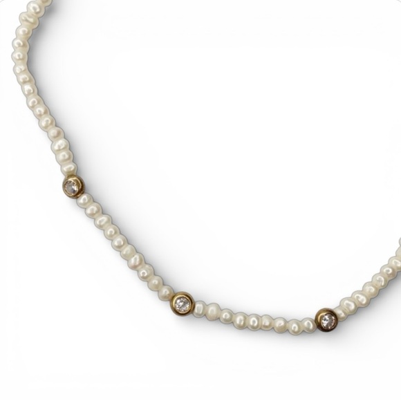 ADINA EDEN 14K Gold Plated Sterling Silver Freshwater Pearl & CZ Choker Necklace - Picture 6 of 14